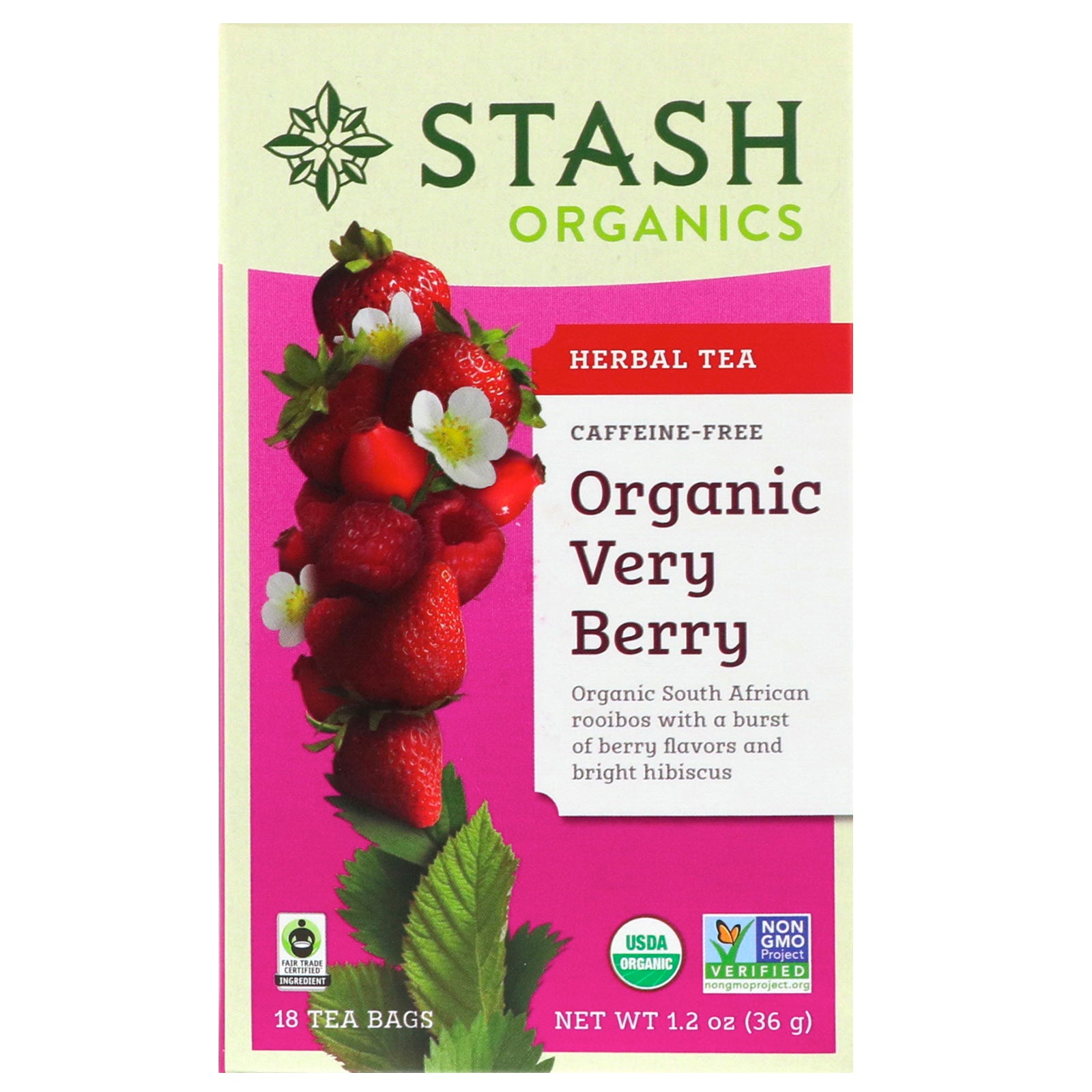 Stash Tea, Herbal Tea, Organic Very Berry, Caffeine Free, 18 Tea Bags, 1.2 oz (36 g)