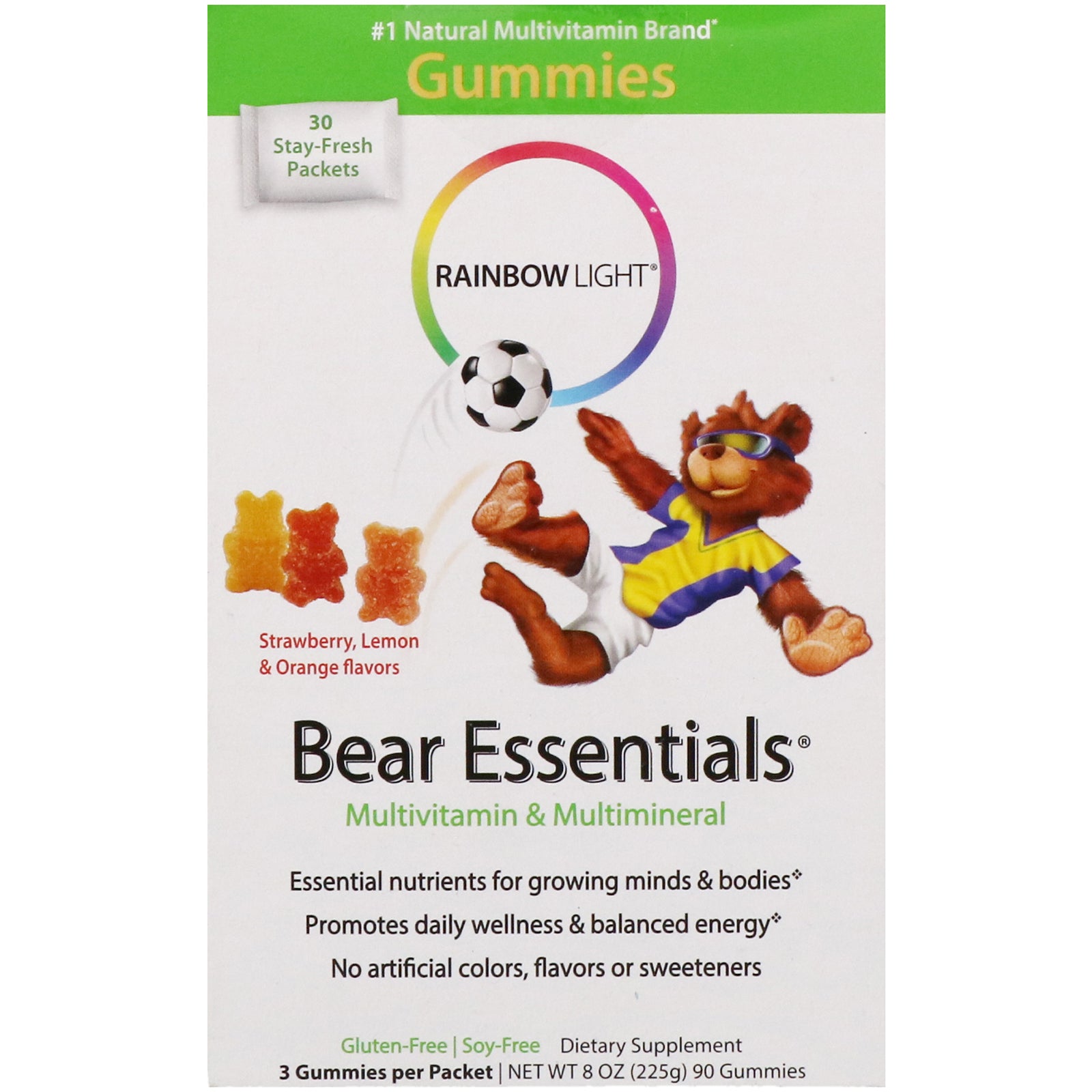 Rainbow Light, Bear Essentials, Multivitamin & Multimineral, Gummies, Strawberry, Lemon & Orange Flavors, 30 Packets, 3 Gummies Each
