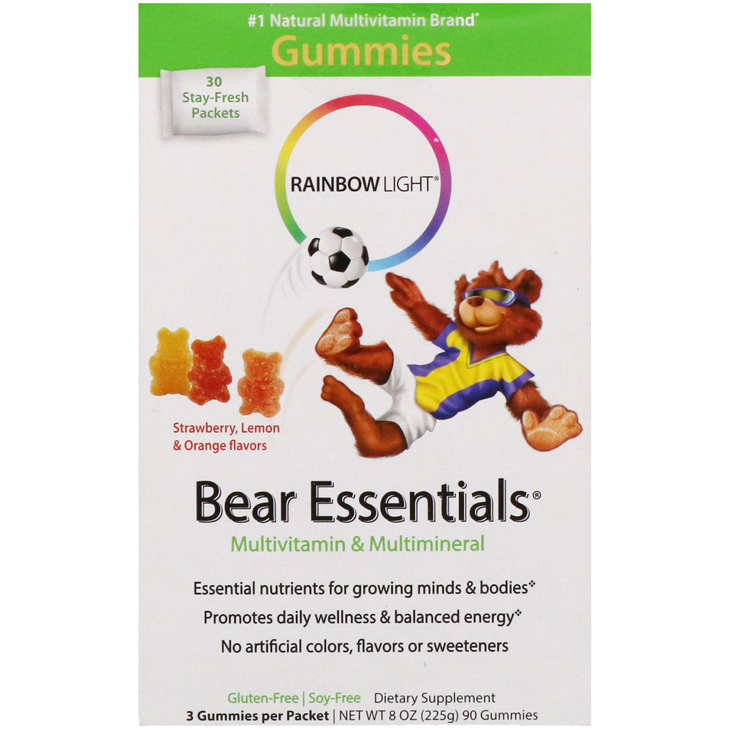 Rainbow Light, Bear Essentials, Multivitamin & Multimineral, Gummies, Strawberry, Lemon & Orange Flavors, 30 Packets, 3 Gummies Each