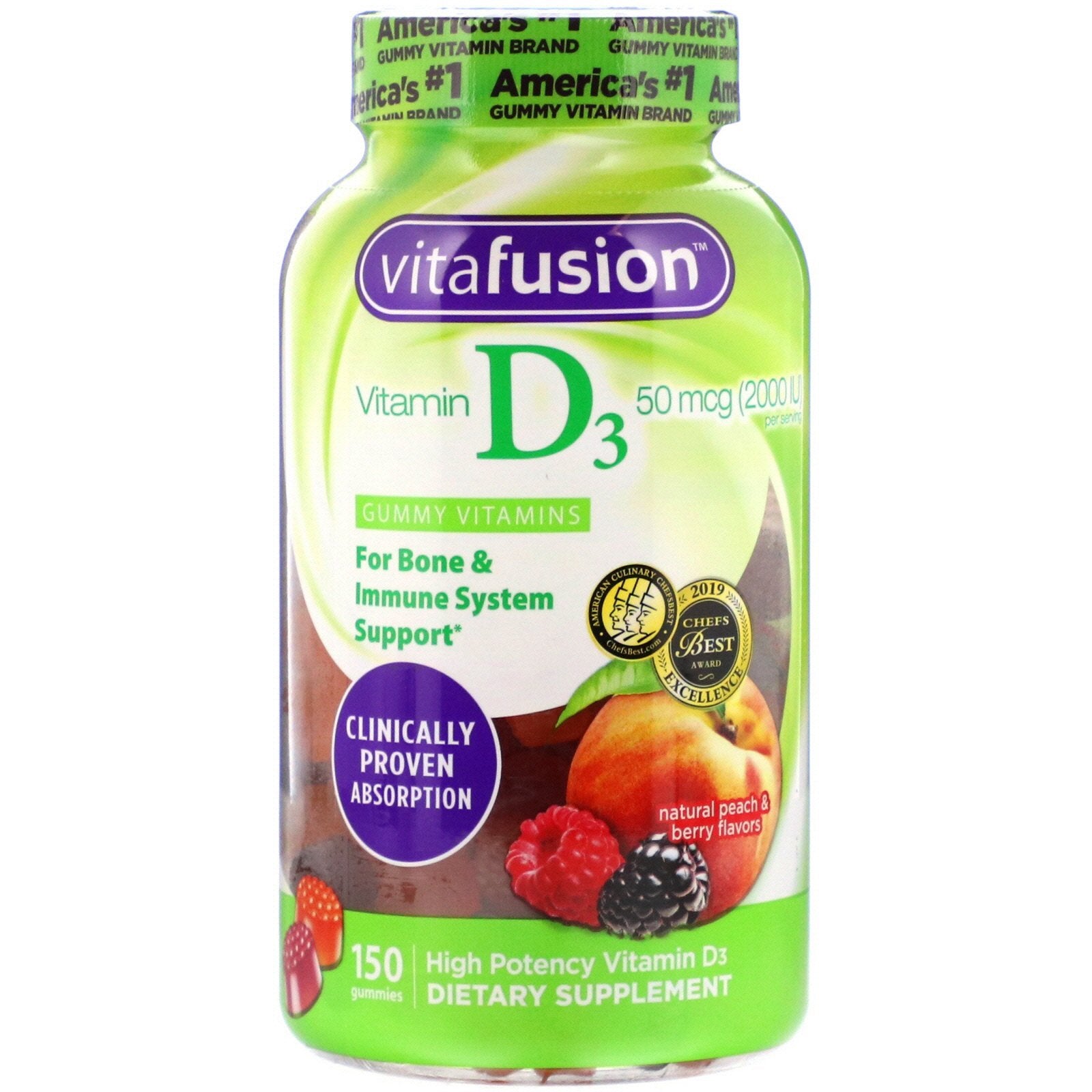 VitaFusion, Vitamin D3, Natural Peach & Berry Flavors, 50 mcg (2,000 IU), 150 Gummies