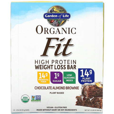 Garden of Life,  Fit, High Protein Weight Loss Bar, Chocolate Almond Brownie, 12 Bars, 1.9 oz (55 g) Each