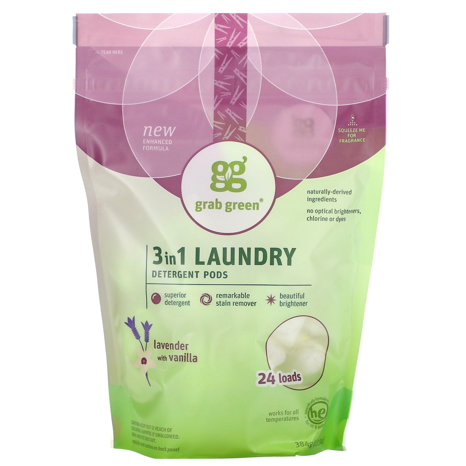 Grab Green, 3 in 1 Laundry Detergent Pods, Lavender with Vanilla, 24 Loads, 13.5 oz (384 g)