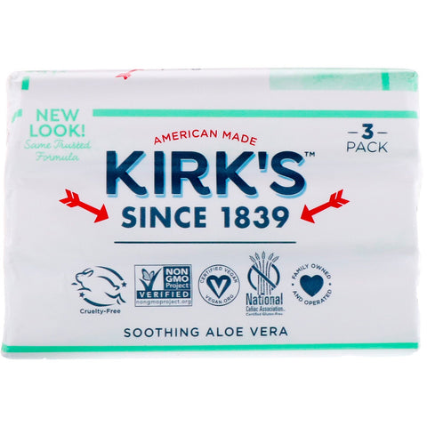 Kirk's, 100% Premium Coconut Oil Gentle Castile Soap, Soothing Aloe Vera, 3 Bars, 4 oz (113 g) Each