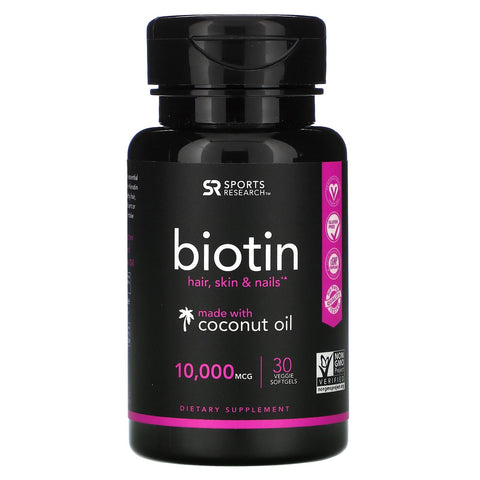 Sports Research, Biotin with Coconut Oil, 10,000 mcg, 30 Veggie Softgels