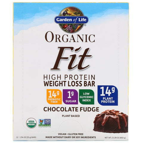 Garden of Life,  Fit, High Protein Weight Loss Bar, Chocolate Fudge, 12 Bars, 1.9 oz (55 g) Each