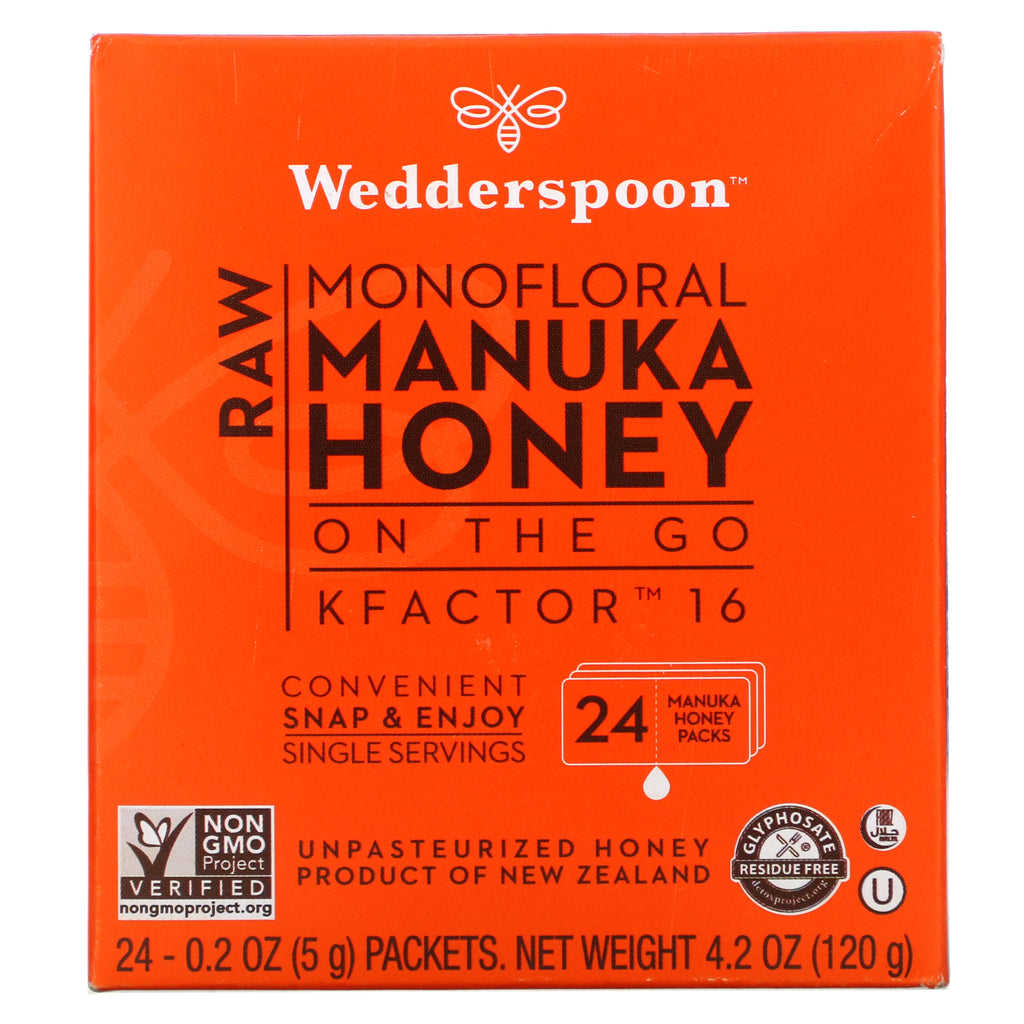Wedderspoon, Raw Monofloral Manuka Honey On The Go, KFactor 16, 24 Packs, 0.2 oz (5 g) Each