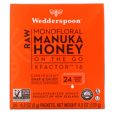 Wedderspoon, Raw Monofloral Manuka Honey On The Go, KFactor 16, 24 Packs, 0.2 oz (5 g) Each