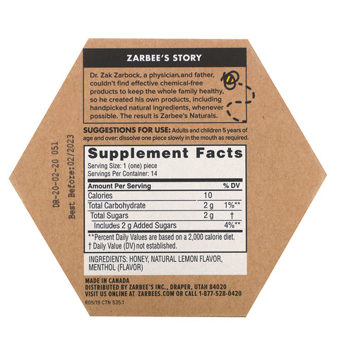 Zarbee's, 99% Honey Cough Soothers, Natural Lemon Flavor, 14 Pieces