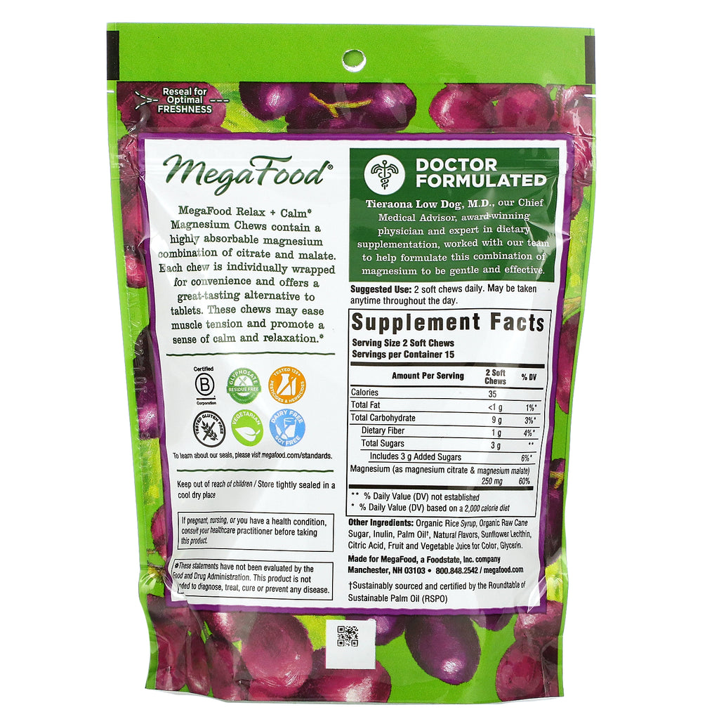MegaFood, Relax + Calm Magnesium Soft Chews, Grape, 30 Individually Wrapped Soft Chews