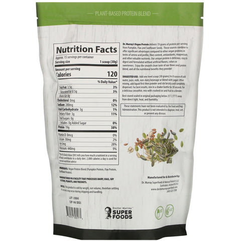Dr. Murray's, Super Foods, 3 Seed Vegan Protein Powder, Unflavored, 16 oz (453.5 g)