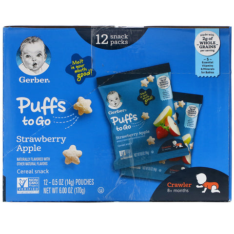 Gerber, Puffs to Go, 8+ Months,  Strawberry Apple, 12 Snack Packs,  0.5 oz (14 g) Each