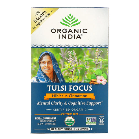 Organic India, Tulsi Focus with Bacopa, Hibiscus Cinnamon, Caffeine Free, 18 Infusion Bags, 1.27 oz (36 g)