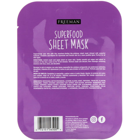 Freeman Beauty, Superfood Sheet Mask, Anti-Aging Artichoke, 1 Mask, 0.84 fl oz (25 ml)