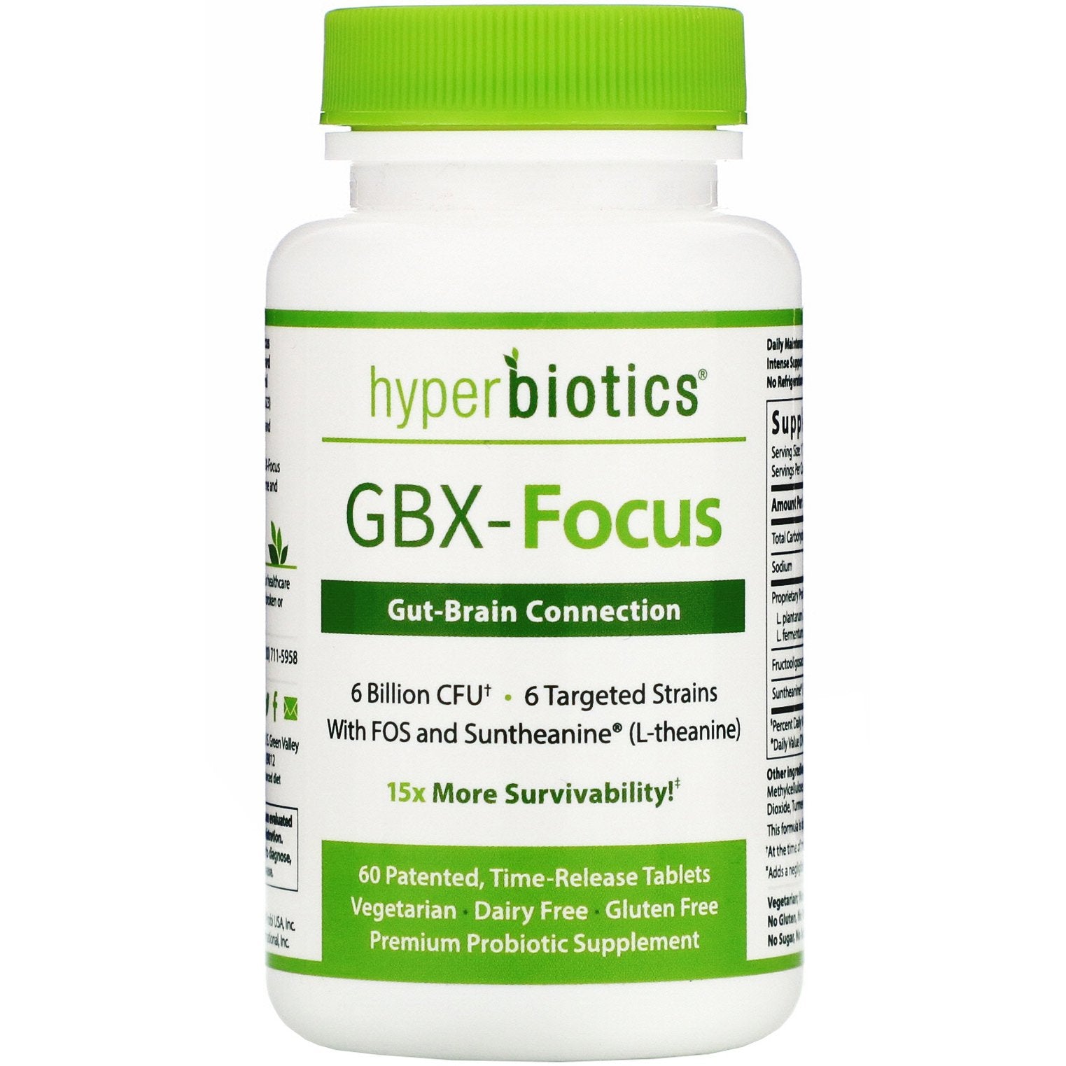 Hyperbiotics, GBX-Focus, Gut-Brain Connection, 6 Billion CFU, 60 Patented Time-Release Tablets
