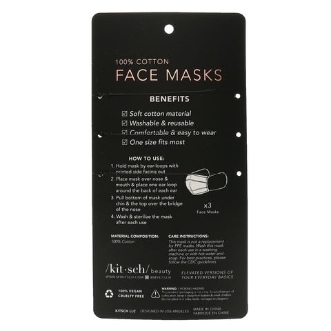 Kitsch, 100% Cotton Reusable Face Masks, Neutral, 3 Pack