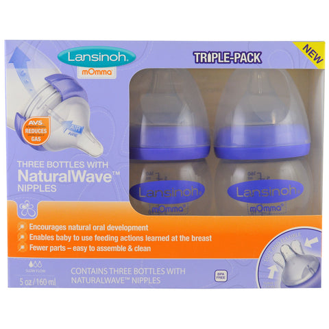 Lansinoh, Natural Wave Nipple Bottles, Slow Flow, 3 Bottles, 5 oz (160 ml) Each