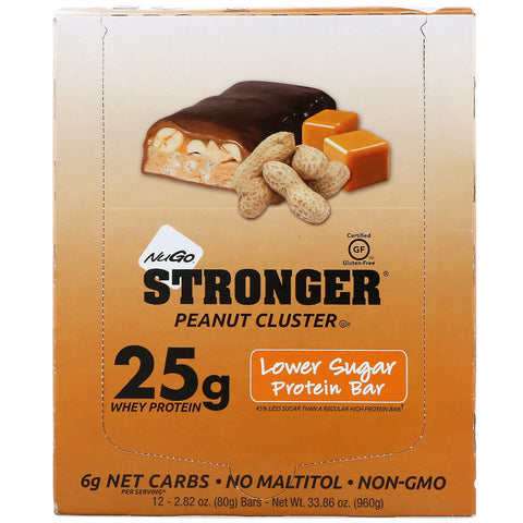 NuGo Nutrition, STRONGER, Protein Bar, Peanut Cluster, 12 Bars, 2.82 oz (80 g) Each