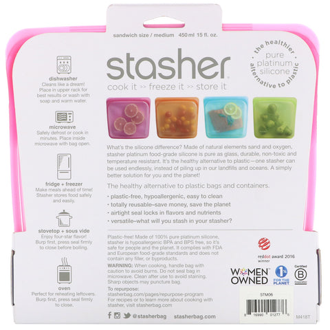 Stasher, Reusable Silicone Food Bag, Sandwich Size Medium, Raspberry, 15 fl oz (450 ml)