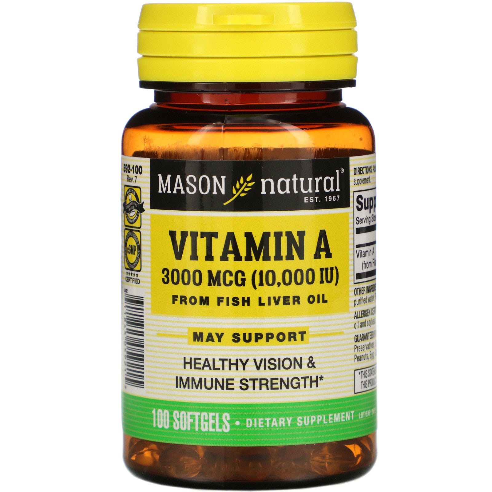 Mason Natural, Vitamin A from Fish Liver Oil, 3,000 mcg (10,000 IU), 100 Softgels