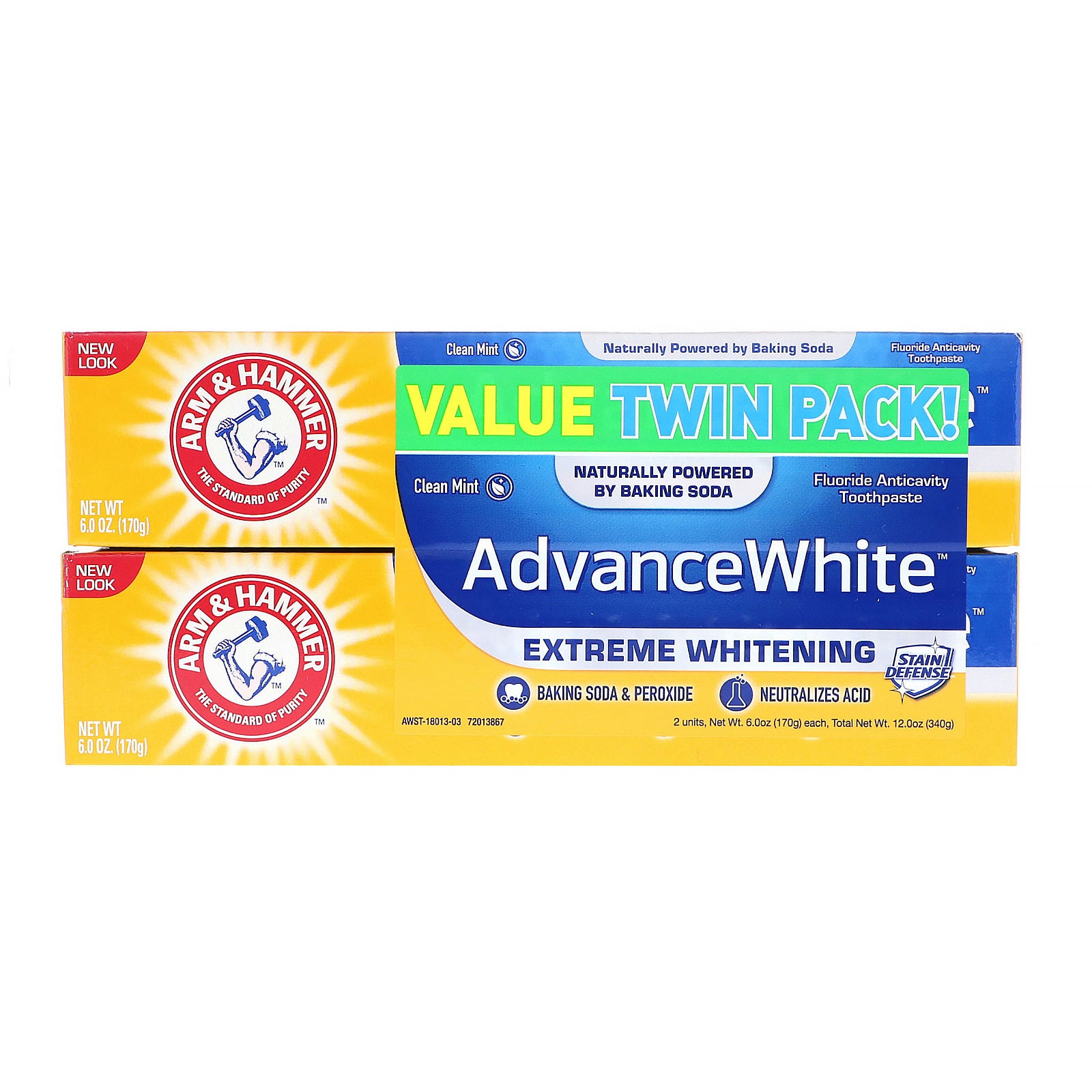 Arm & Hammer, AdvanceWhite, Extreme Whitening Toothpaste, Clean Mint, Twin Pack, 6.0 oz (170 g) Each