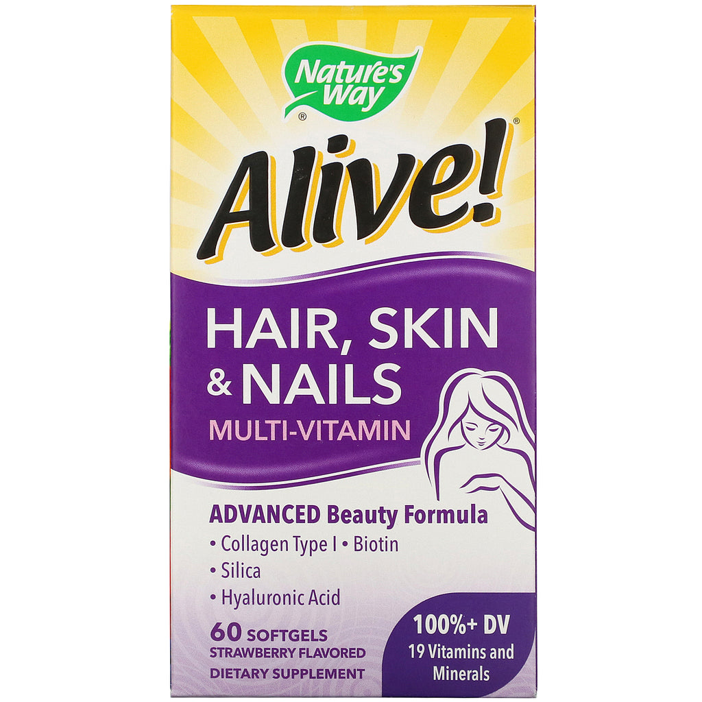 Nature's Way, Alive! Hair, Skin & Nails Multi-Vitamin, Strawberry Flavored, 60 Softgels