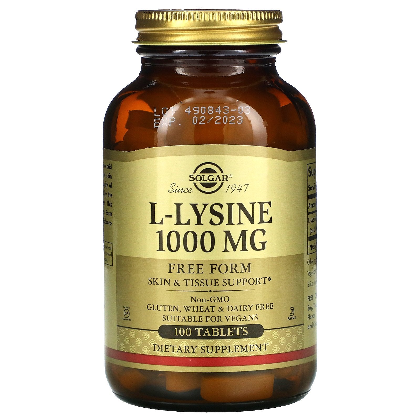 Solgar, L-Lysine, Free Form, 1,000 mg, 100 Tablets
