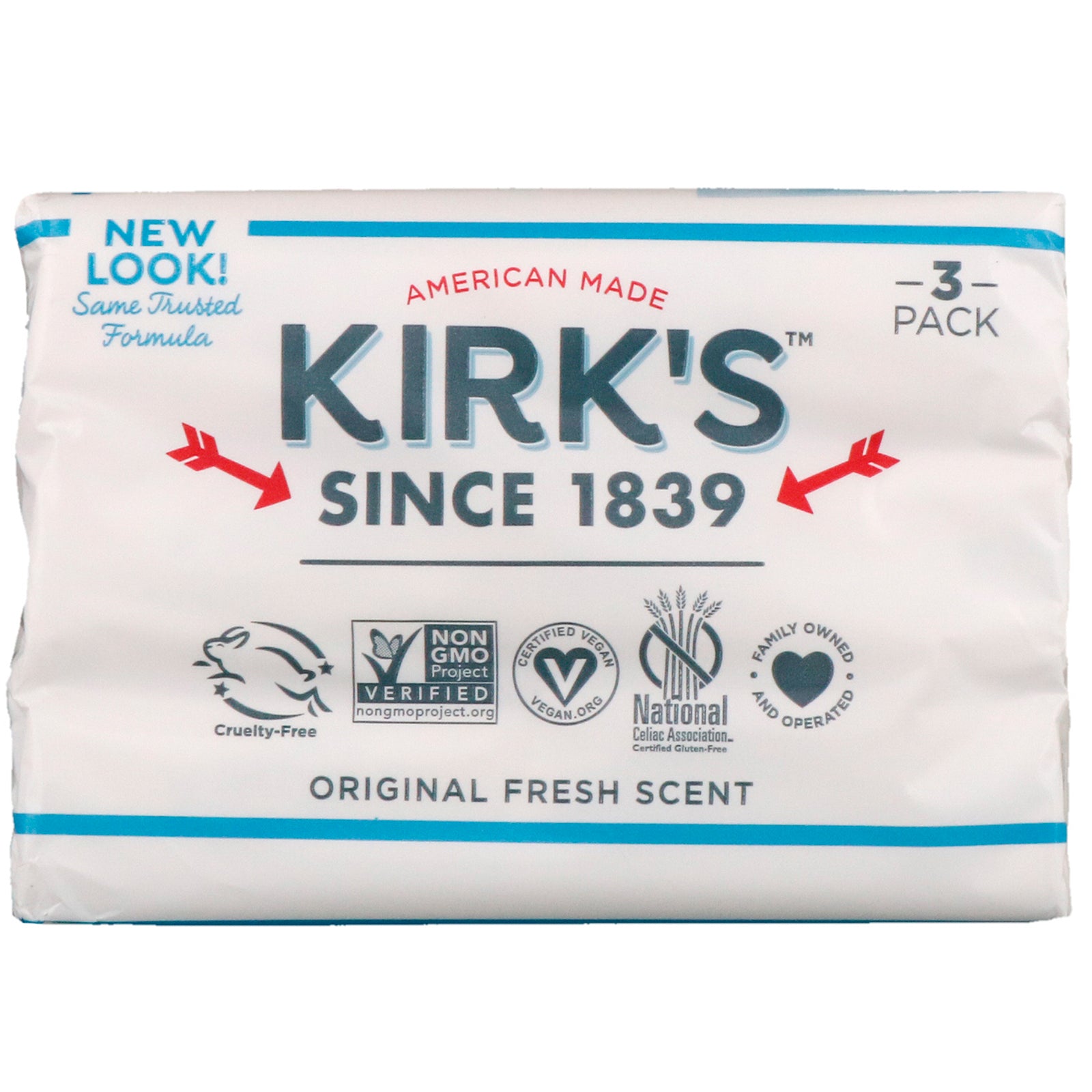 Kirk's, 100% Premium Coconut Oil Gentle Castile Soap, Original Fresh Scent, 3 Bars, 4 oz (113 g) Each