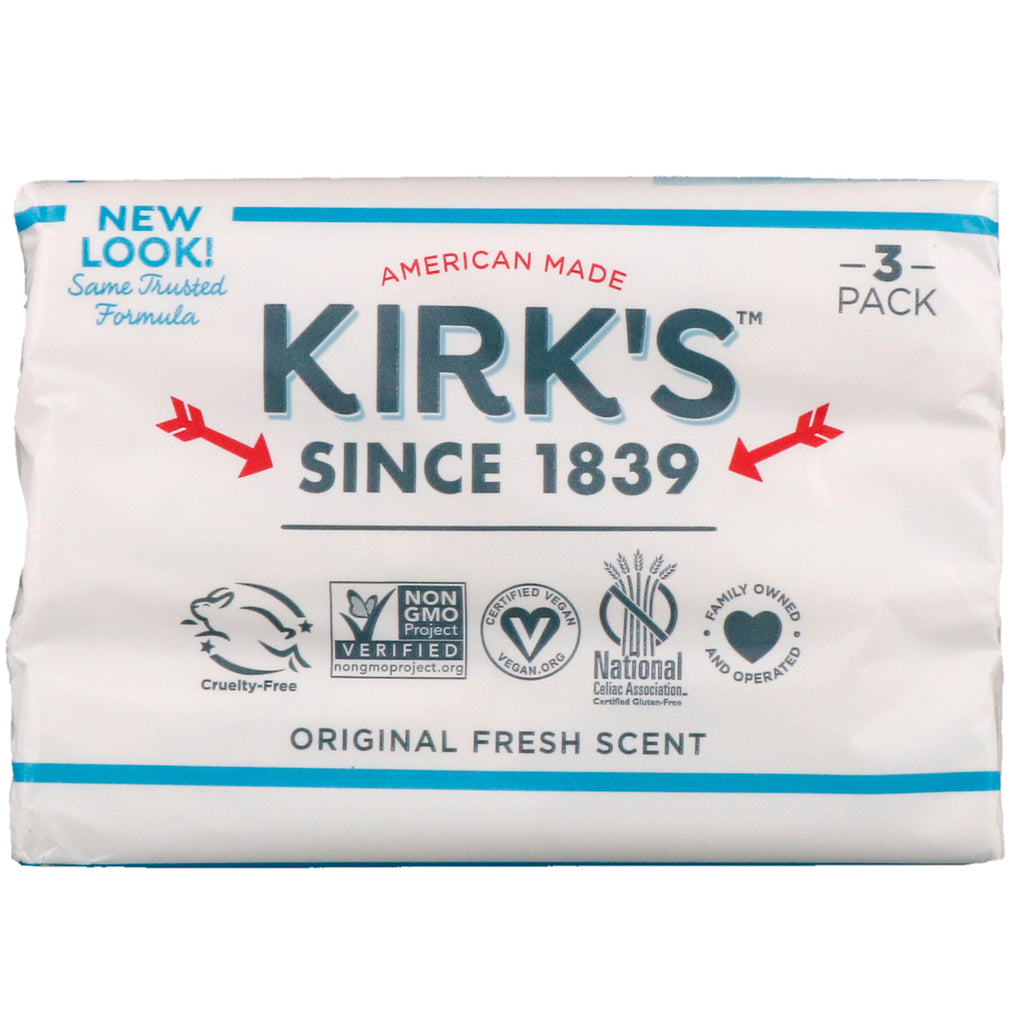 Kirk's, 100% Premium Coconut Oil Gentle Castile Soap, Original Fresh Scent, 3 Bars, 4 oz (113 g) Each