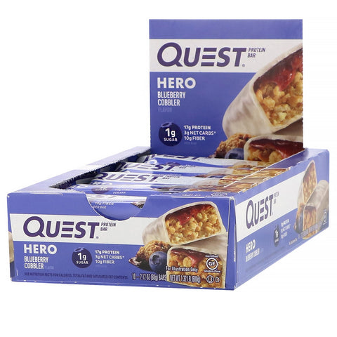 Quest Nutrition, Hero Protein Bar, Blueberry Cobbler, 10 Bars, 2.12 oz (60 g) Each