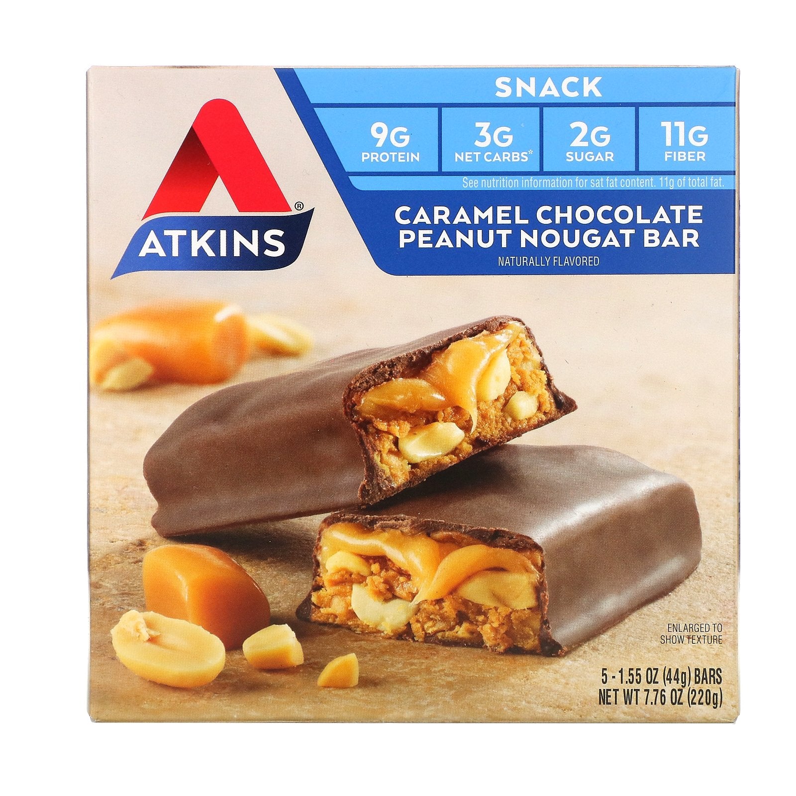 Atkins, Snack, Caramel Chocolate Peanut Nougat Bar, 5 Bars, 1.55 oz (44 g) Each