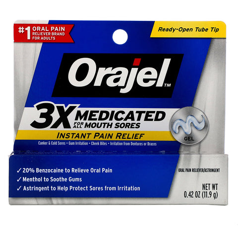Orajel, Instant Pain Relief Gel, 3X Medicated For All Mouth Sores, 0.42 oz (11.9 g)