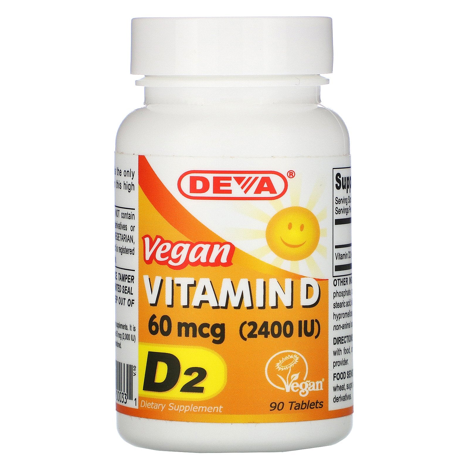 Deva, Vegan Vitamin D, D2, 60 mcg (2,400 IU), 90 Tablets
