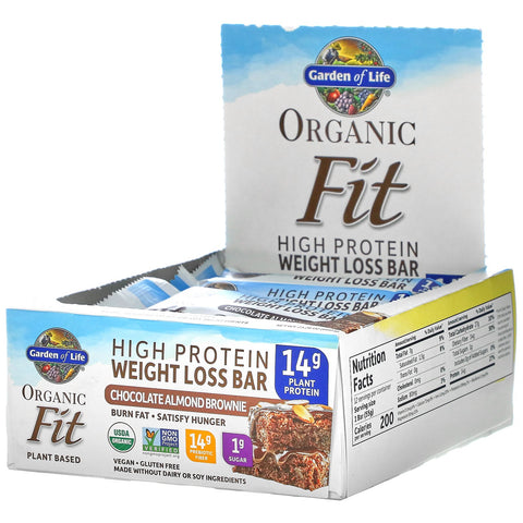 Garden of Life, Organic Fit, High Protein Weight Loss Bar, Chocolate Almond Brownie, 12 Bars, 1.9 oz (55 g) Each