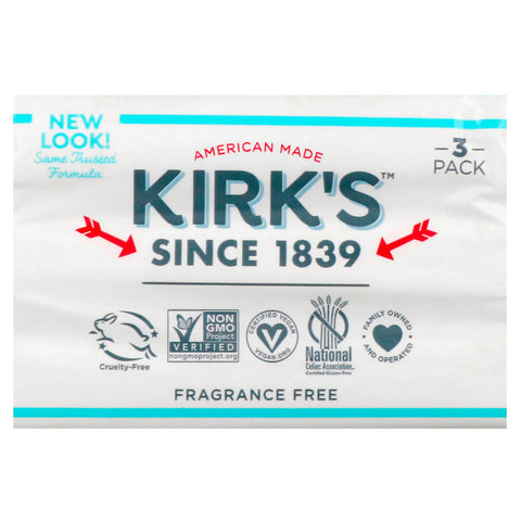 Kirk's, 100% Premium Coconut Oil Gentle Castile Soap, Fragrance Free, 3 Bars, 4 oz (113 g) Each