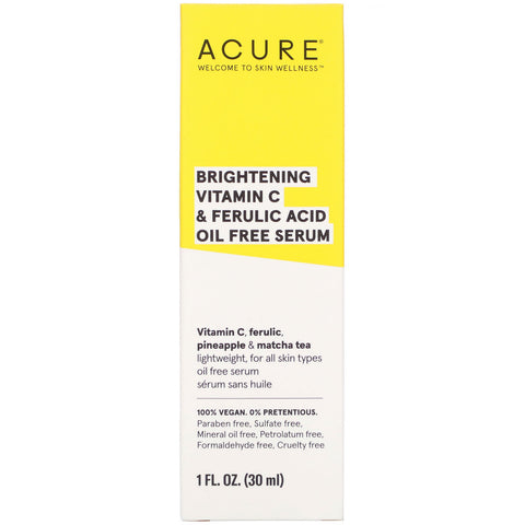 Acure, Brightening Vitamin C & Ferulic Acid Oil Free Serum, 1 fl oz (30 ml)