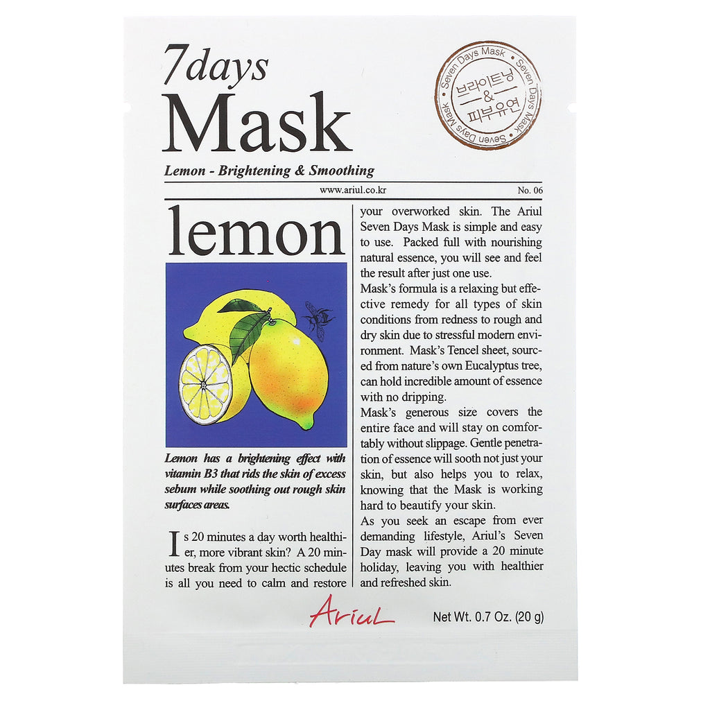 Ariul, 7 Days Beauty Mask, Lemon, 1 Sheet Mask, 0.7 oz (20 g)