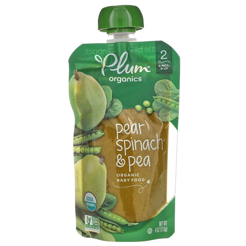 Plum s,  Baby Food, 6 Months & Up, Pear, Spinach & Pea, 6 Pouches, 4 oz (113 g) Each