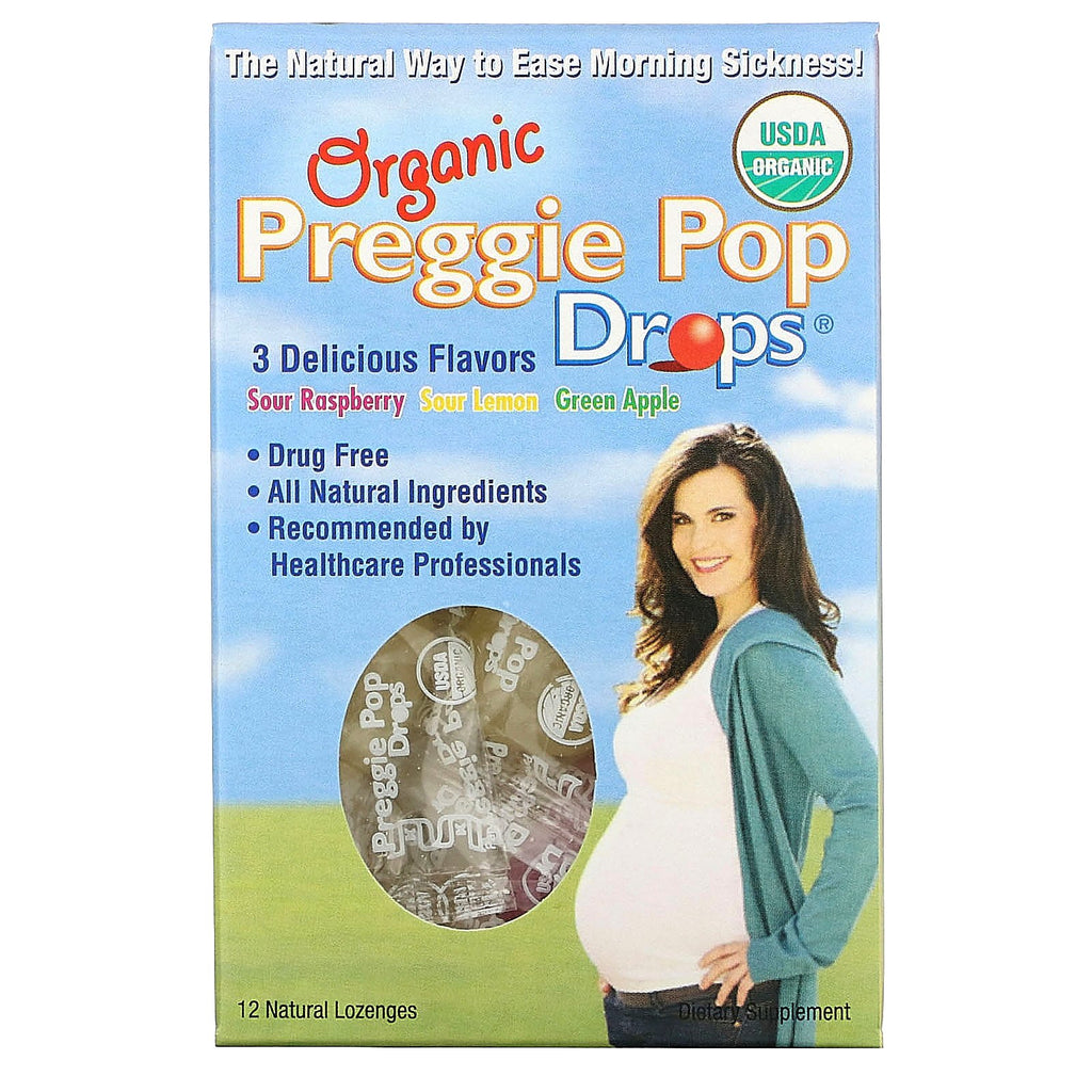 Three Lollies, Organic Preggie Pop Drops, Sour Raspberry, Sour Lemon and Green Apple, 12 Lozenges