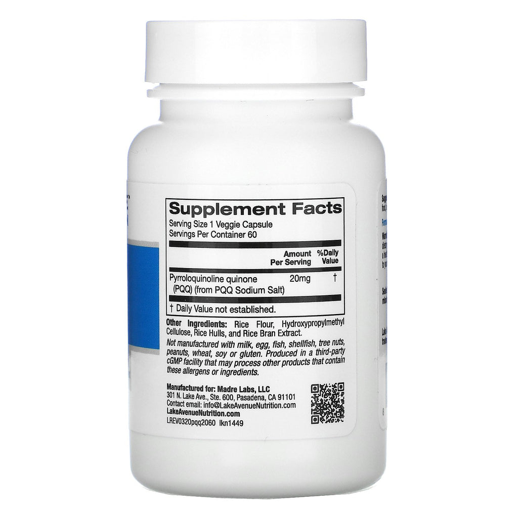 Lake Avenue Nutrition, PQQ (Pyrroloquinoline quinone), 20 mg, 60 Veggie Capsules