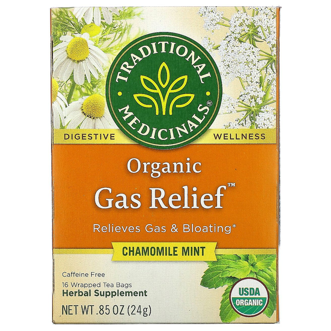 Traditional Medicinals, Organic Gas Relief, Caffeine Free, Chamomile Mint, 16 Wrapped Tea Bags, .85 oz (24 g)