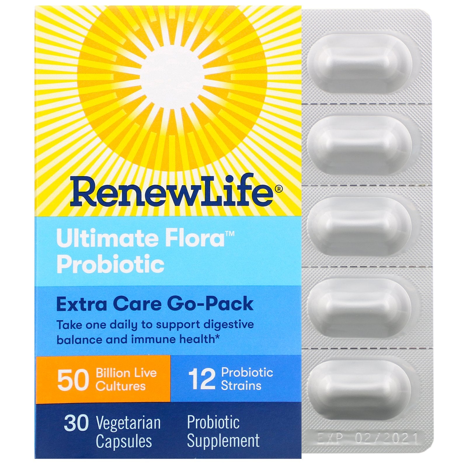 Renew Life, Extra Care Go-Pack, Ultimate Flora Probiotic, 50 Billion Live Cultures, 30 Vegetarian Capsules