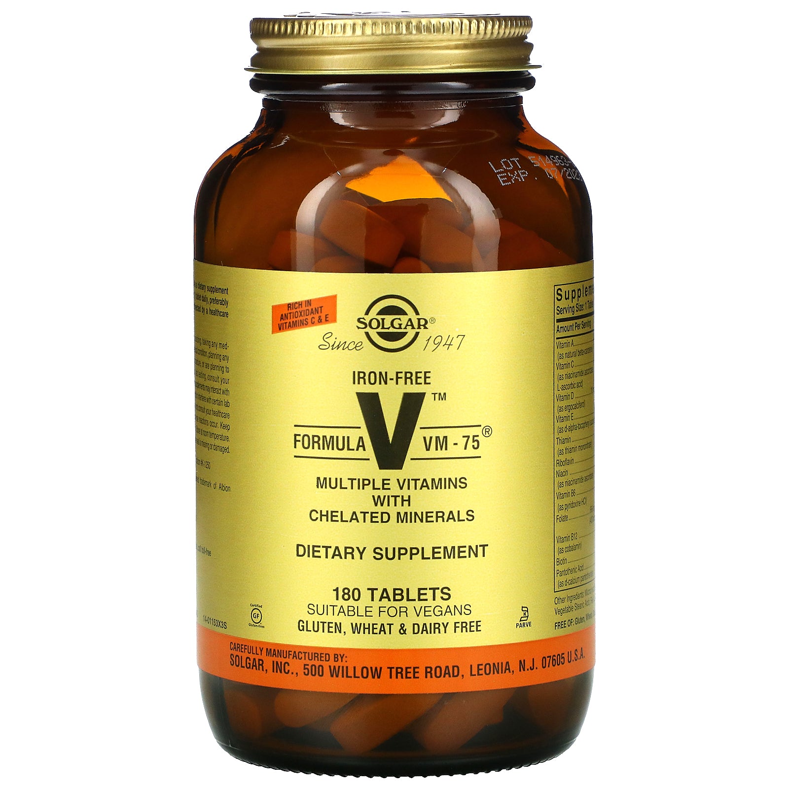Solgar, Formula V, VM-75, Multiple Vitamins with Chelated Minerals, Iron Free, 180 Tablets