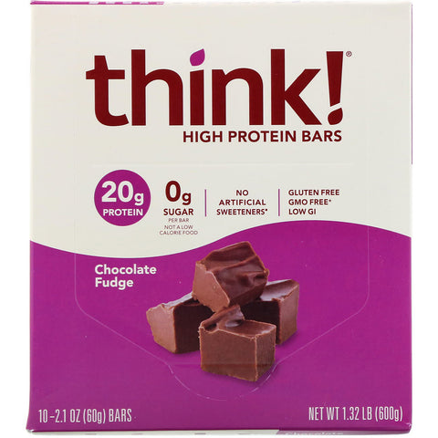 ThinkThin, High Protein Bars, Chocolate Fudge, 10 Bars, 2.1 oz (60 g) Each