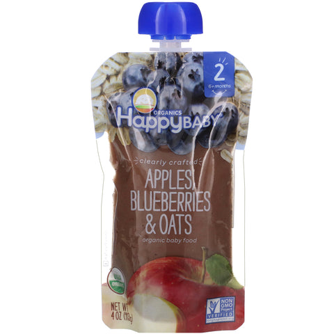 Happy Family Organics, Organic Baby Food, Stage 2, 6+ Months, Apples, Blueberries, & Oats, 4 oz (113 g)