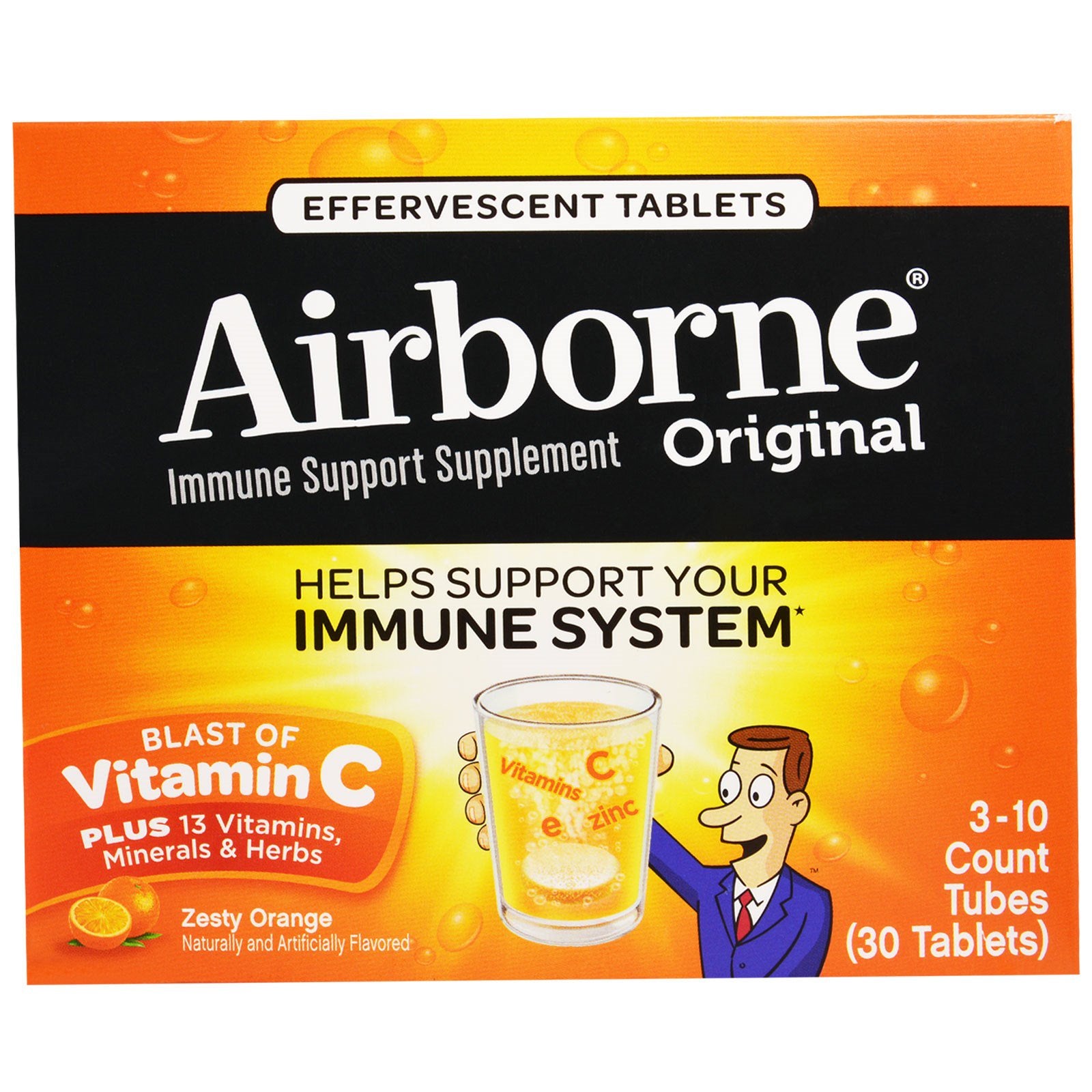 AirBorne, Original, Immune Support, Blast of Vitamin C, Zesty Orange, 3 Tubes, 10 Effervescent Tablets Each