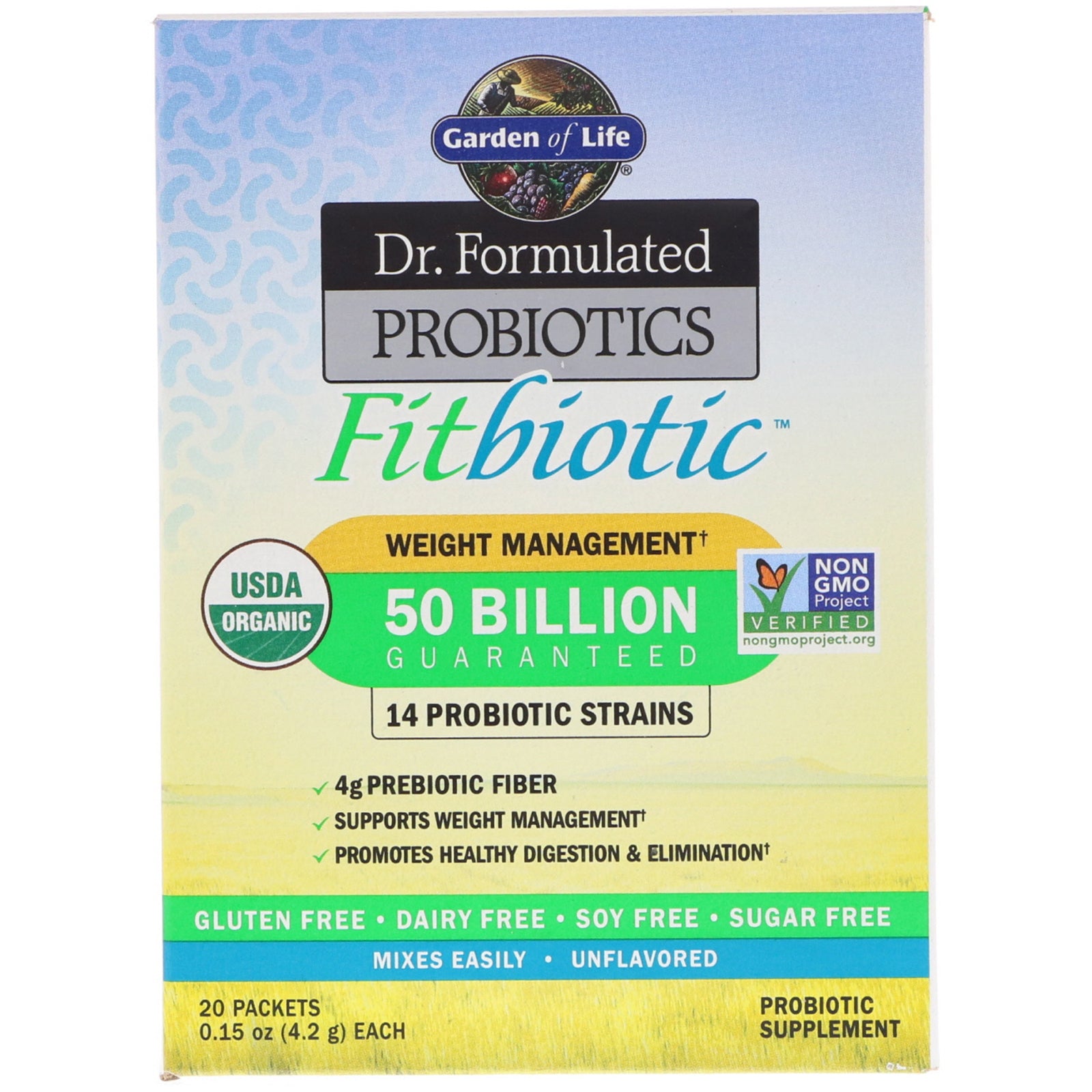 Garden of Life, Organic, Dr. Formulated Probiotics Fitbiotic, Unflavored, 20 Packets, 0.15 oz (4.2 g) Each