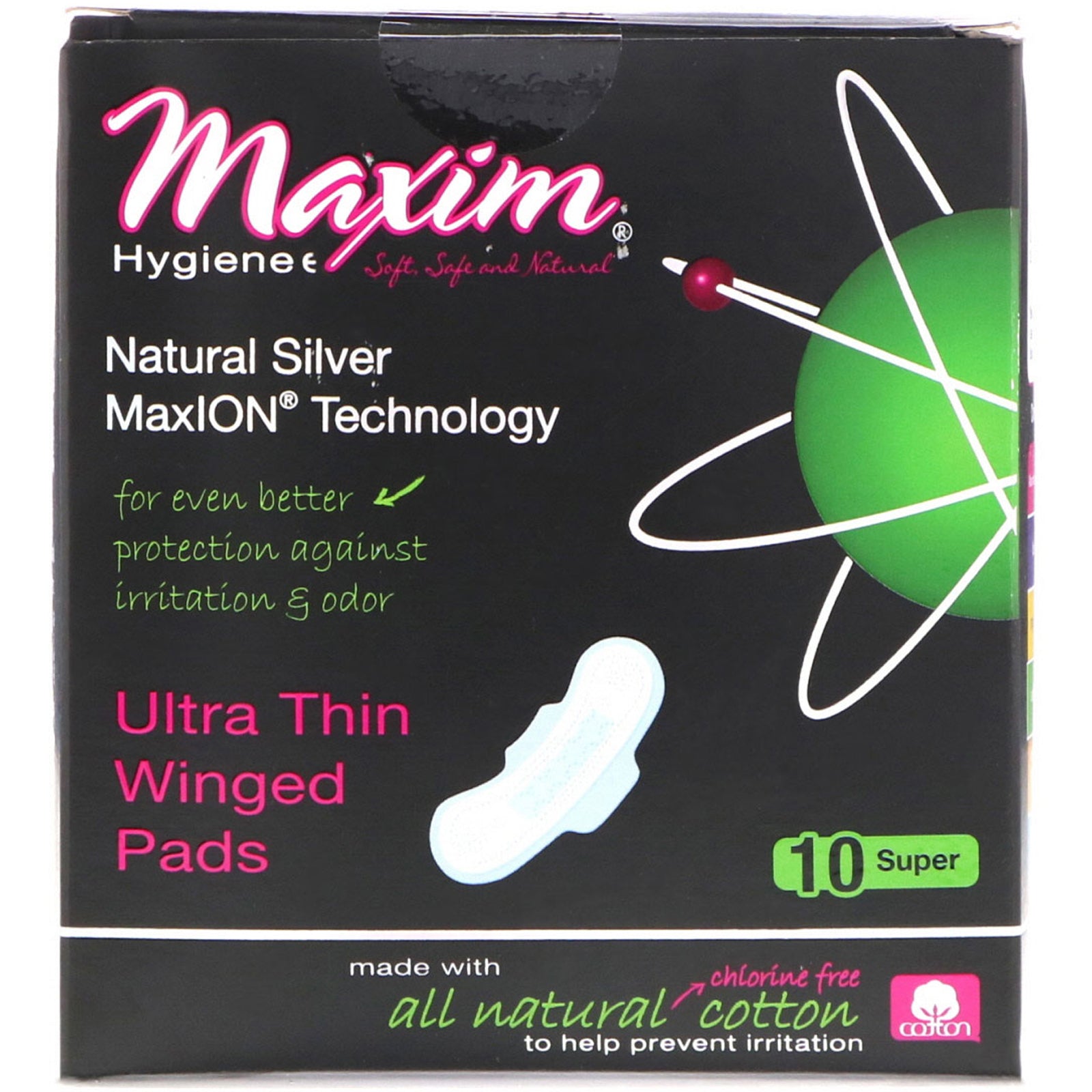 Maxim Hygiene Products, Ultra Thin Winged Pads, Natural Silver MaxION Technology, Super, 10 Pads