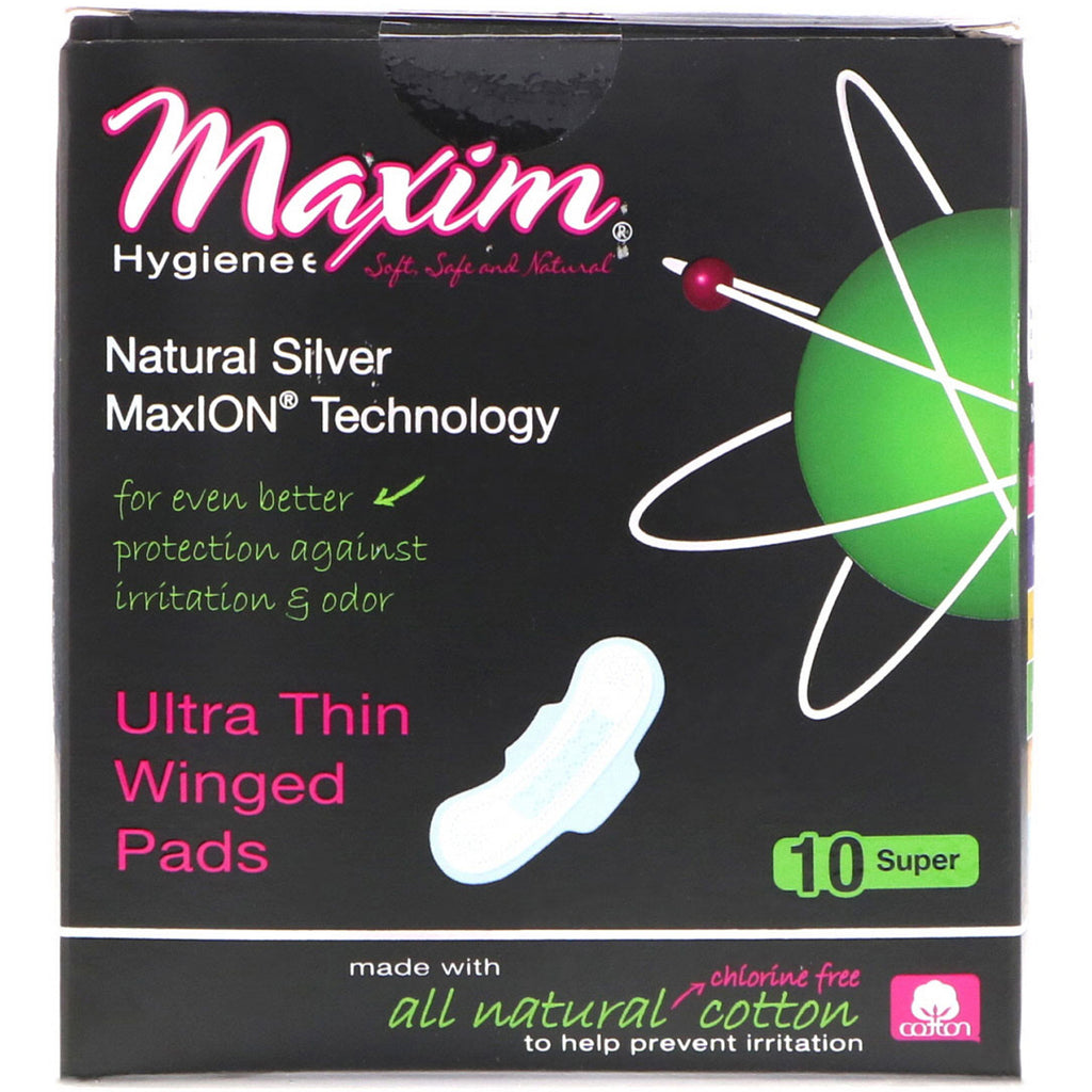 Maxim Hygiene Products, Ultra Thin Winged Pads, Natural Silver MaxION Technology, Super, 10 Pads