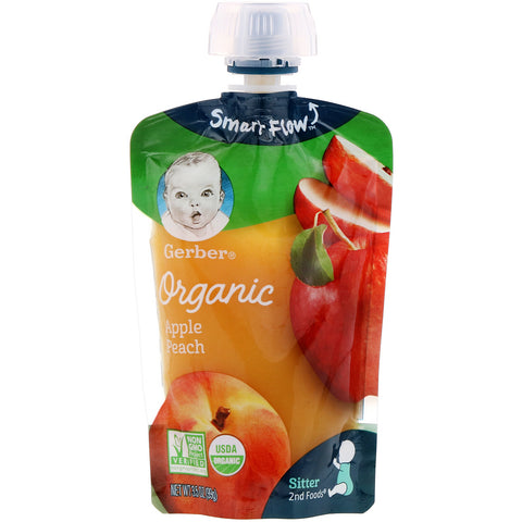 Gerber, Smart Flow, Organic Baby Food, Apples & Summer Peaches, 3.5 oz (99 g)