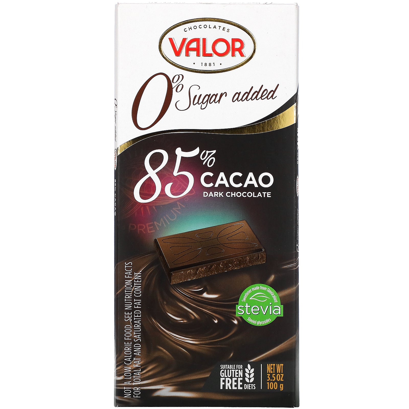 Valor, Dark Chocolate, 0% Sugar Added, 85% Cacao, 3.5 oz (100 g)